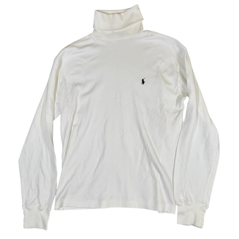 Polo Ralph Lauren White Long Sleeve Turtleneck Navy Pony Logo Cotton Shirt Med